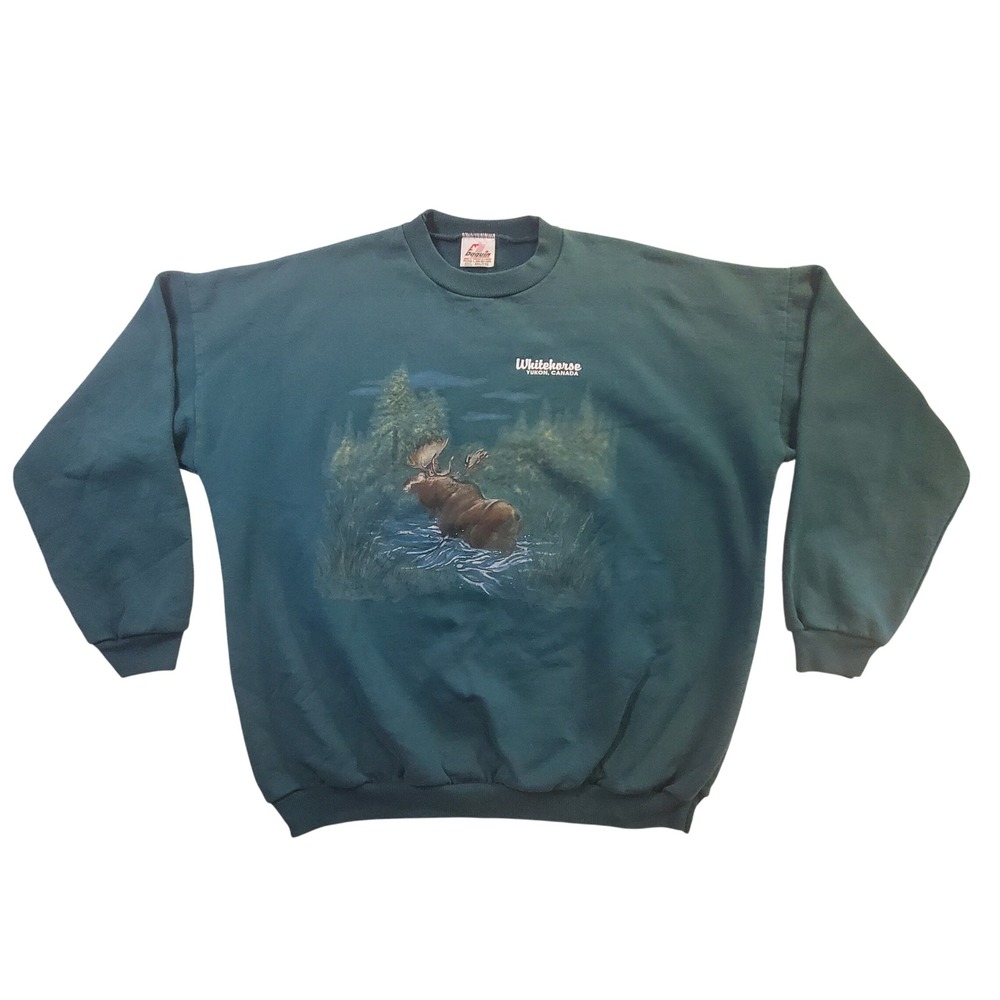 Vintage Daquin Whitehorse Yukon Canada Moose Graphic Sweatshirt Green Mens XXL